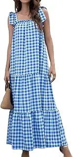 [SHINsuke] Women Cute Summer Plaid Cami Maxi Dress, Slip Sleeveless Wrap Casual Spring Loose Long Swing Tunic Tiered Dresses