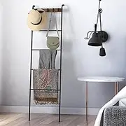 Towel Ladder, 5 Tier Metal Blanket Ladder Towel Rack, Decorative Leaning Ladder Shelf with 5 Hooks for Towels Clothes Blankets Throws, Towel Rail Towel Holder Stand for Bathroom Bedroom Living room