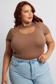 Brown Bodysuit Cut Out Short Sleeve Crew Neck Seamless