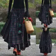 Retro Folk Style Women Fashion Plaid Maxi Skirt Splice Irregular Swing Pleated High Waist Long Skirt green M
