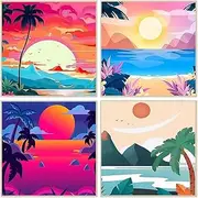 Fuinkqe 4 Pack Paint by Numbers for Adults and Kids Beginner, Landscape-Beach DIY Acrylic Painting Paint by Numbers Kits on Canvas for Kids Ages 4-8-12 Perfect for Gift Home Wall Decor(8x8in)