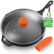 NutriChef 12-Inch Cast Iron Skillet w/Lid - Pre-Seasoned, Oven Safe, Nonstick, Cool-Touch Silicone Handle, for All Cooktops