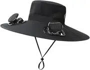 [Qkbuza] Outdoor Sun Hat with Solar Fans - UPF 50+ Bucket Fishing Hat with Fan Built in | Waterproof Camping Fishing Sunhat for Beach Farming Traveling Cycling Black