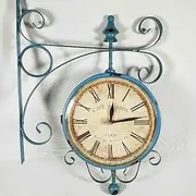 Outdoor Garden Wall Clock, Blue Double Sided Station Clock Garden Clock 360° Rotation Wrought Iron Retro Waterproof Outdoor Clock Decoration Outside Clock