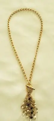 NAPIER Vtg Tassel Necklace, Goldtone Chain & Toggle with Jet, Pearls & Crystals