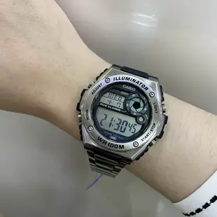 CASIO 十年電力計時碼錶/兩地時間/多功能鬧鈴/LED照明/月曆100米防水電子錶（鋼）_ MWD-100HD-1A