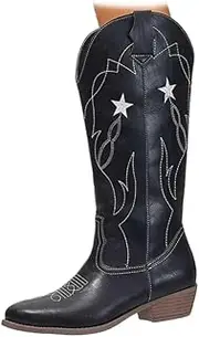 [ZJWBB] Mid Calf Cowboy Boots for Women Embroidery Pentagram Design Print Chunky Heel Booties Pull-on Pointed-Toe Retro Western Boots, Black, 6.5