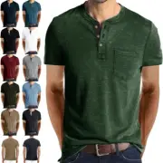 Mens Summer Tops Short Sleeve T Shirts Men Plain Henley Collar Work Fashion