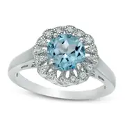 7.0mm Blue and White Topaz Antique Vintage-Style Frame Ring in Sterling Silver