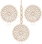 [Aheli] Rose Gold Plated Kundan & Beads Studded Maangtikka & Round Big Stud Earrings Set Ethnic Jewellery for Women, One Size, Metal, No Gemstone