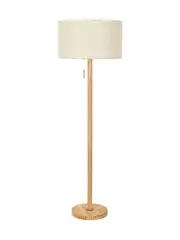 Eton 1 Light Floor Lamp in Oak with Brass and Natural Linen Shade