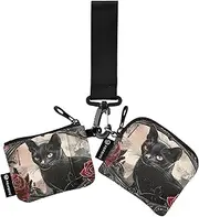 [XYMZR] Mini Zip Around Wristlet keychain Wallet Gothic Cat Red Rose for Women Personalized Pattern Detachable Dual Pouch Wristlet Portable Wallet Phone Coin Purse, Multi-colored, One Size
