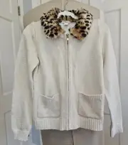 NWT Crewcuts Ivory Gold Metallic Zip Cardigan Faux Fur Leopard Collar Size 10