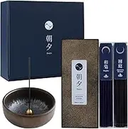 Asayu Japan Low Smoke Zen Incense Gift Set, Zen Set (Japanese Garden & Wagiku Chrysanthemum) Incense Sticks with Zen Incense Holder and Brass Stand