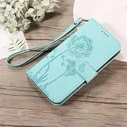 HJZSZX for iPhone 16 Embossed Dandelion Leather Wallet Card Phone Case Lanyard Cover(for iPhone 16/Light Green)