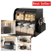 Elegant Double Layer Bamboo Bread Box with Silverware Basket - Black Finish