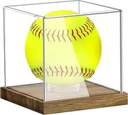 Hooqict Softball Display Case Clear Acrylic Ball Holder UV Protected Cube with Wood Base Stand, Softball Case Display Box Championship Square Box for Golf Tennis Game Ball Baseball