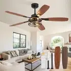 52 Inch Farmhouse Ceiling Fan with Light and Remote, Black Industrial Caged F...
