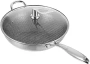 MAGICLULU Stainless Steel Honeycomb Cooking Wok with Lid No Coating Frying Pan for Everyday Use Non Stick Skillet for Efficient Cooking Easy to Clean and Maintain