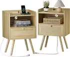 Nightstands Set of 2, Night Stands with Charging Station & PE Rattan Decor Drawe