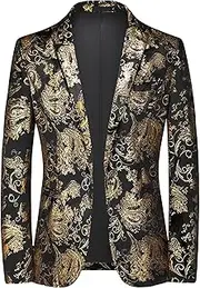 [Aosufei] Men's Blazer Stylish Print Floral Suit Jacket Lightweight Wedding Tuxedo Jacket Lapel One Button Suit Coat, Gold5, Large