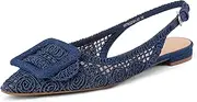 [USIMAD] Woven Pattern Slingback Flats for Women Pointed Toe Square Buckle Comfortable Work Dress Shoes Black