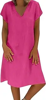 Womens Slim Dresses 2024 Ladies Summer Solid Cotton Linen Dress Short Sleeve V-Neck Loose Dress Plus Size Dress