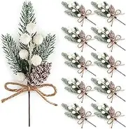 ELECLAND 10 Pcs Christmas Picks Decorations Artificial Pine Branches Stems Spray with Pine Cones Faux Pine Picks Red Berry Holly Leaves for Craft Floral Christmas Wreath Picks Ornaments, White