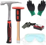 Tanstic 6Pcs Geology Rock Hammer and Chisel Kit, 30oz Hammer & 12" Digging Chisel, Whistle, Safety Glasses, Jewelers Loupe and Gloves, Rock Hounding Equipment Set for Rock Hounding Stone Breaking
