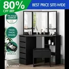 ALFORDSON Dressing Table Stool Set Makeup Tri-fold Mirror Vanity Desk Black