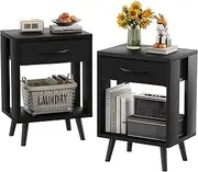 GYIIYUO Nightstands Set of 2 with Fabric Storage Drawer and Open Wood Shelf, Side Table with Storage for Bedroom, Night Stand with Drawer for Bedroom, Bedside Tables - Black 24" H
