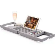 Bambusi Collection GRAY Bamboo Bathtub Caddy Tray Adjustable Bath Tub Organizer