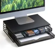 Wood Monitor Riser with Drawers, Mesh Metal Computer Monitor Stand Riser with...