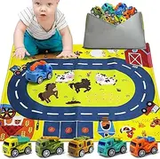 Car Toys for 1 Year Old Boy Gifts, Pull Back Car Toys with Containable Playmat for Toddler 1 2 3 Year Old, 12-18 Months with Farm PlayMat