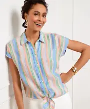 Talbots Womens Linen Button Front Top Crop Tie Hem Swing Stripe XL New $99.5