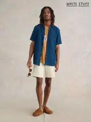 White Stuff Blue Camo Pembroke Short Sleeve 100% Linen Shirt (A85296) | $58