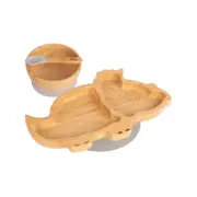 Tiny Dining Children's Bamboo Suction Dinosaur Plate, Bowl, Spoon with Suction Cups Set - Grey