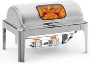 Roll Top Chafing Dish Buffet Set Rectangular, 9QT Stainless Steel Catering Food Warmers with Glass Window for Wedding, Parties, Banquet, Events, Full Size, Silver