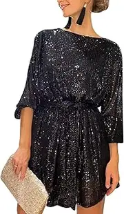 [Rxozrxoz] Women's Sexy Long Sleeve Sequin Sparkly Glitter Party Dress Loose Fit Cocktail Bodycon Short Dress with Belt