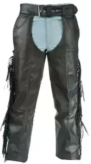 Unisex Leather Chaps Braided Fringed Sides Mesh Lining Back Laces 2 Lg Pockets