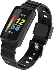 NINKI Silicone Sport Band Compatible Charge 3/4/5/6 Fitbit Bands with Case,All In One Case with Band for Charge 5 Fitbit Watch Bands Black Adjustable Replacement Fitbit Charge 6 Strap Charge SE Bands