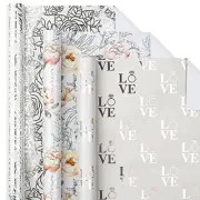 Wedding Floral Wrapping Paper Roll, Silver Flowers & LOVE Ring, Metallic Foil