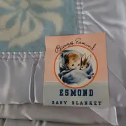 Vtg NEW Old Stock Bunny Esmond Baby Blanket Soft Wool Satin Trim Light Blue Box