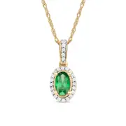 Oval Emerald and 0.05 CT. T.W. Natural Diamond Framed Antique Vintage-Style Drop Pendant in 10K Yellow Gold