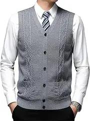 [Gsywaipei] Men's Knitted Vest Cardigan Casual Button Sleeveless Male Knit Sweater Lightweight Pockets Knits Sweaters Vests, Grey, XL