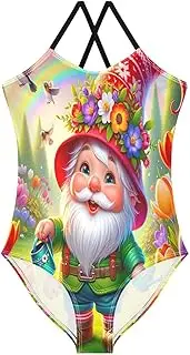 [RPLIFE] Girls Swimming Suits Beach Swimsuit 3-10 Y with Adjustable Shoulder Strap, Spring Gnome
