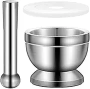 Stainless Steel Hand Masher & Bowl, Wanfoou Mortar and Pestle Set, with Anti Slip Base for Grinding Herbs Pills and Kitchen Spices Crusher with Lid
