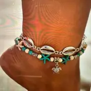 Ocean-Inspired Turtle Pendant Anklet with Shell Beads for Summer Beach Style