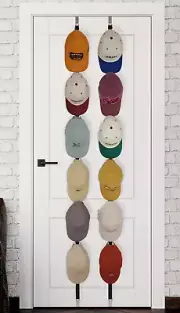 "Cap Rack Organizer: Display 36 Caps, Over Door/Wall, 12 Hooks, Black"
