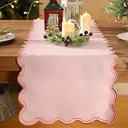 Windkream Scalloped Edge Table Runner 70 Inches Preppy Embroidery Edge Table Runner Cute Neutral Rustic Dining Decor for Kitchen (Dark Pink,Light Pink)